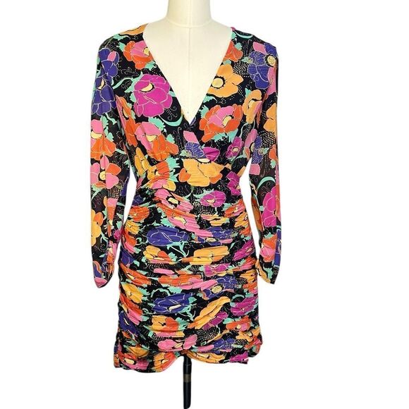 Rixo Black Silk Golden Floral Ruched Mini Dress | Size 6 - Picture 7 of 12